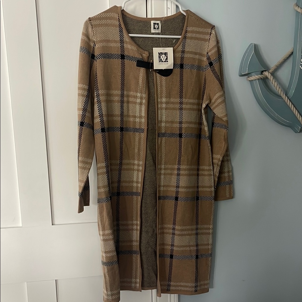 Anne Klein Tan and Black Plaid Cardigan